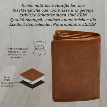 flevado Herrengeldbörse mit Druck Label Love,Loyalty, Friendship und RFID Schutz Echtes Leder Braun